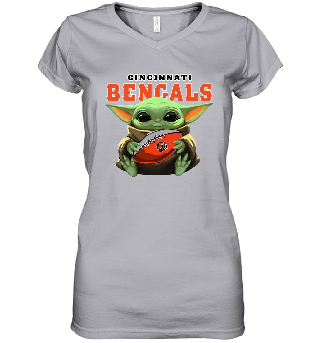 Baby Yoda Loves The Cincinnati Bengals Star Wars Baby Yoda Hugs Bengals NFL Womens V-Neck T-Shirt