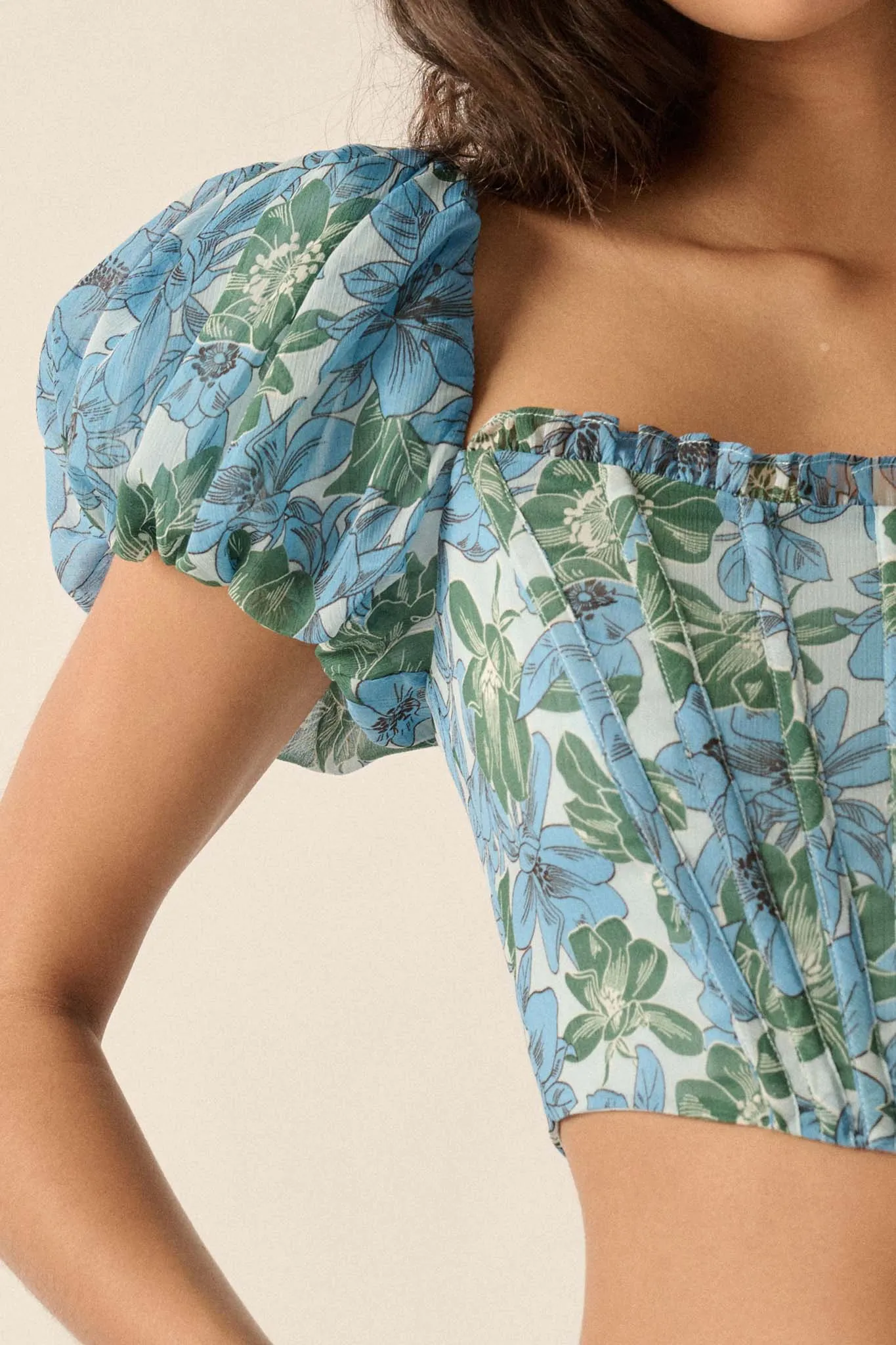 Fiji Feeling Floral Chiffon Puff-Sleeve Corset Top