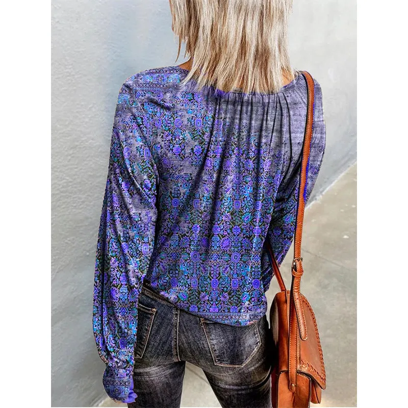 Floral long-sleeved round neck T-shirt bottoming shirt