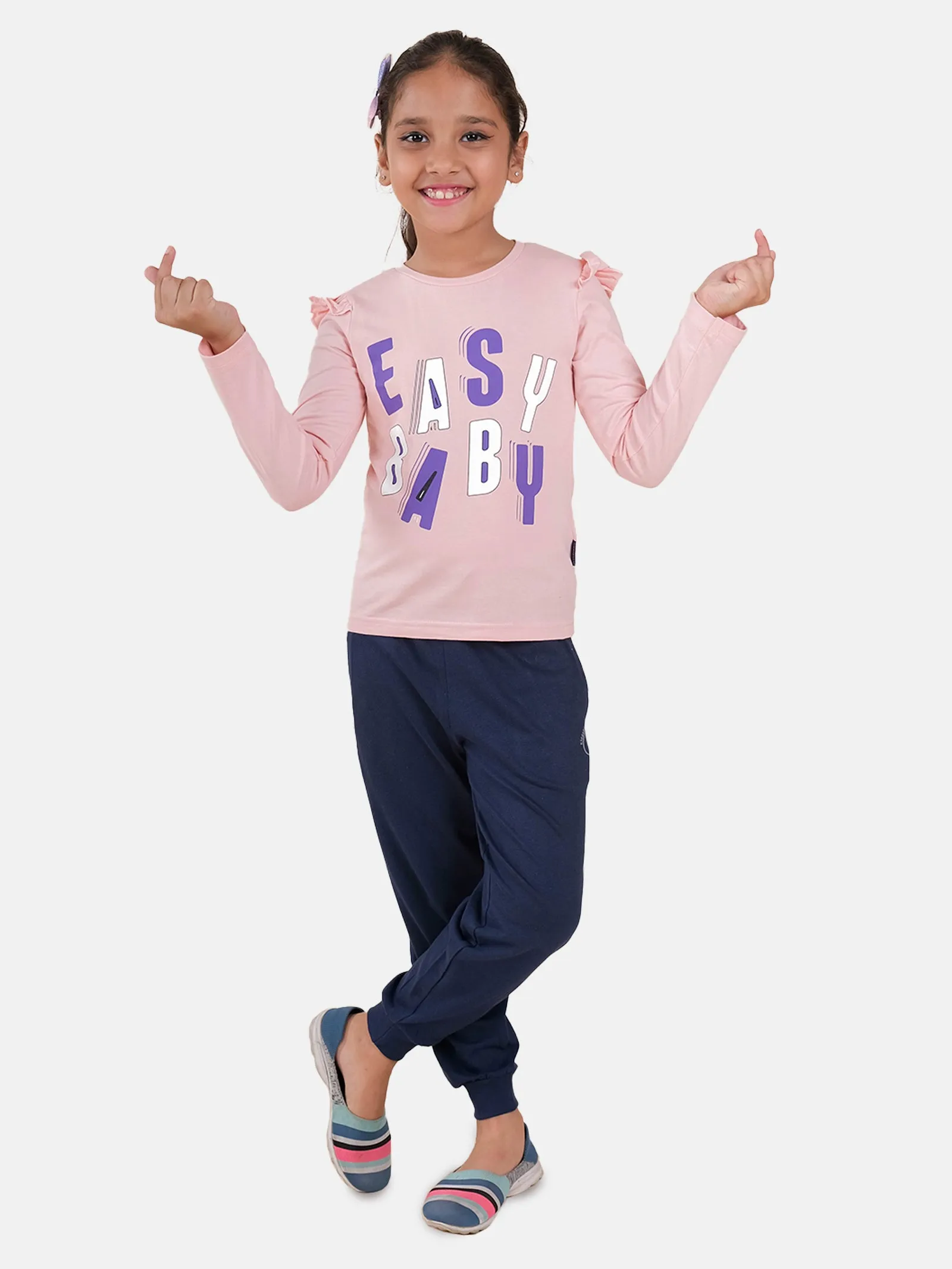 Girls Printed Full Sleeve T-Shirt & Solid Track Pant Set